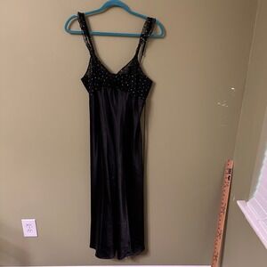 Delicates Black Satin Nightgown‎ Sz S Sheer Lace Rhinestone Glam Party Sexy